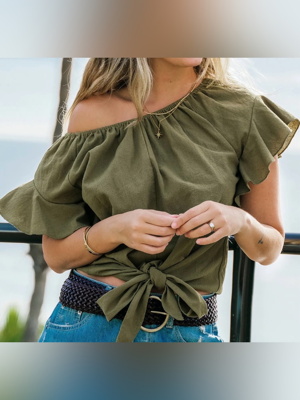 NWT Cupshe Olive One-Shoulder Tie-Front Tunic Top- size M